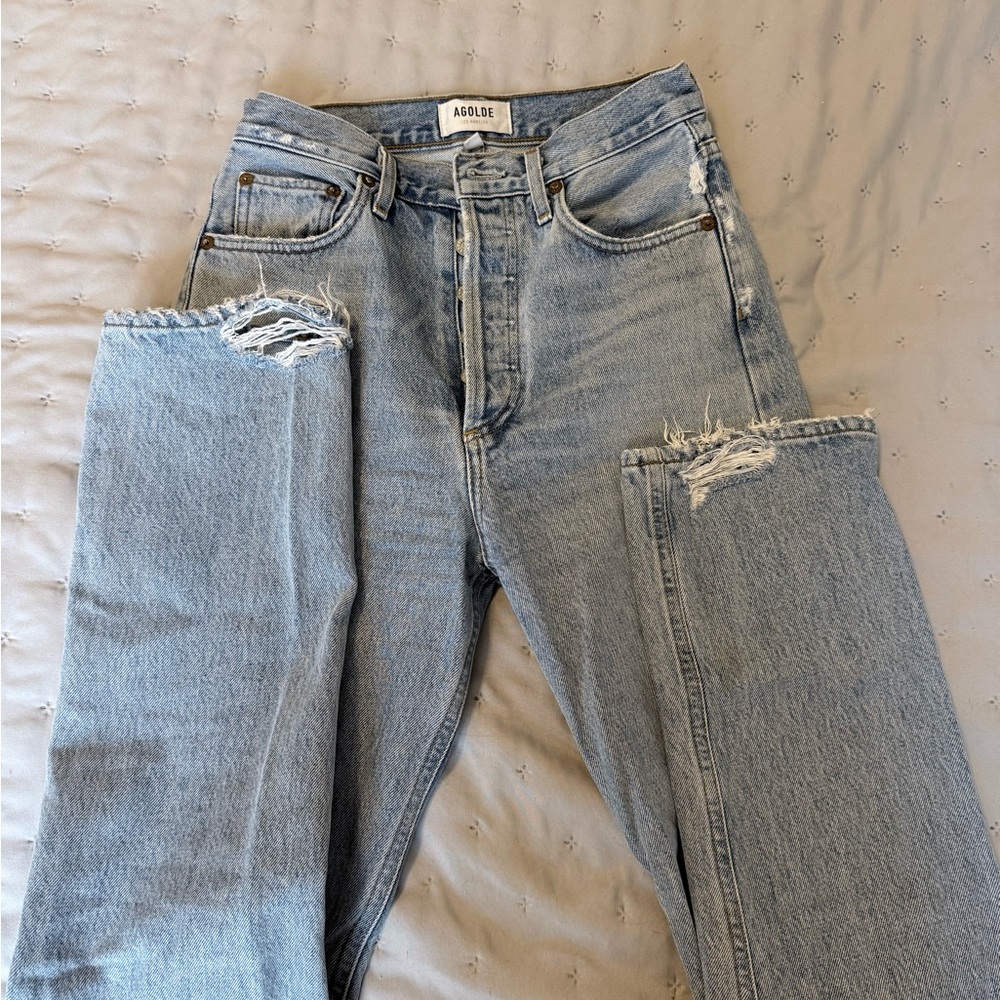 Agolde Light Blue Distressed Straight-Leg Jeans